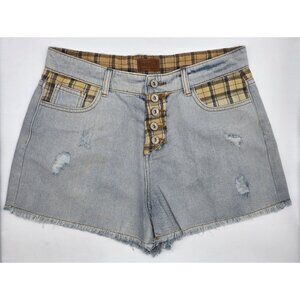 POL Womens Jean Shorts Size Large Patchwork Cut Off Button Fly Distressed Denim